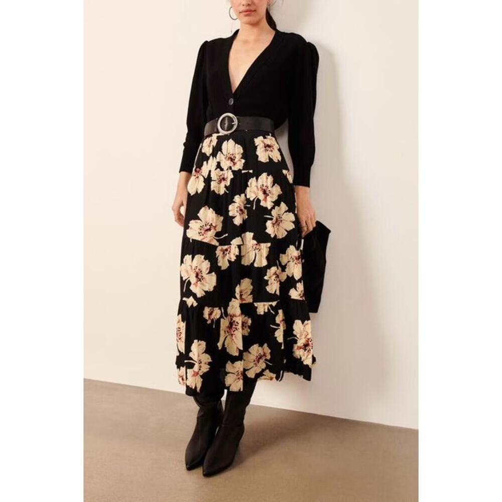 BA&SH Kondo Printed Midi Skirt Black Floral S *Hemmed
